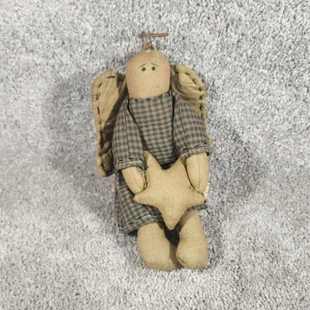 Angel Doll Green Gingham Primitive Folk Art Decor Fabric Handmade Look